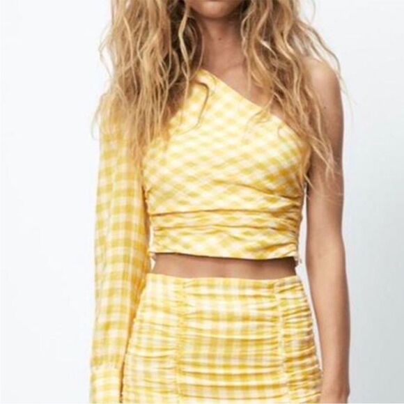 ZARA Yellow Checkered Gingham One Shoulder Blouse Size Small - Picture 1 of 7
